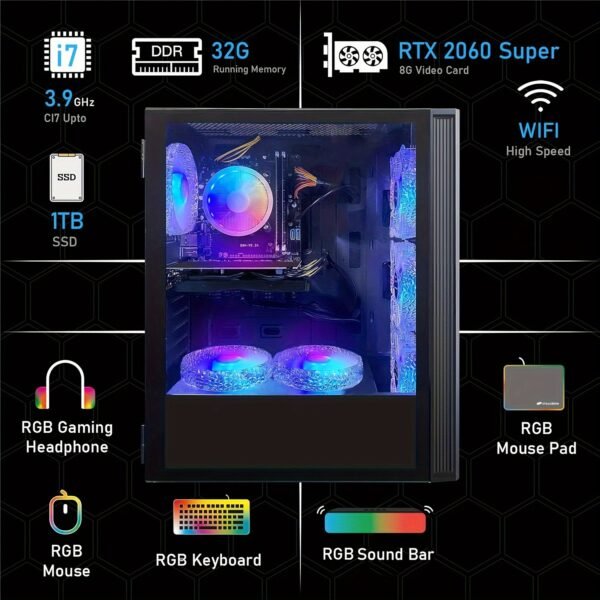 STGAubron Gaming Desktop PC, Core I7 3.4G Up To 3.9G, GeForce RTX 2060 Super 8G GDDR6, 32G, 1TB SSD, WiFi, Wireless 5.0, RGB Keybaord, RGB Mouse Pad, RGB Wireless Sound Bar, RGB Wireless Headset Mic, W10H64 - Image 7