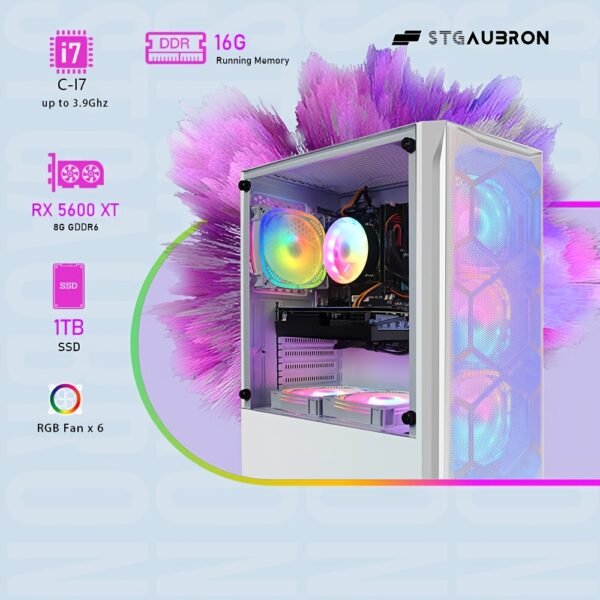 STGAubron Gaming PC with AMD Radeon RX 5600 XT 6GB GDDR6, Intel Core i7-10700K up to 3.9GHz, 16GB DDR4 RAM, 1TB SSD, 600Mbps WiFi, RGB Fans x6, RGB Keyboard & Mouse, Windows 10 Home - White, Highperformance Computing | Aesthetic Computer Build | Durable Tower Case