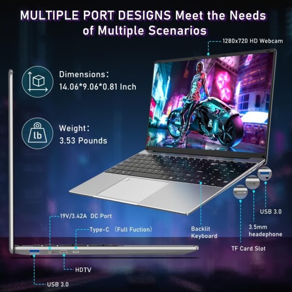 15.6 Inch Laptop Computer, Gaming Laptop, AMD Ryzen 7 5700U 8C/16T Processor(up to 4.3Ghz), 16GB RAM 1TB SSD, AMD Radeon Graphics, 15.6" FHD 1920 * 1080 Display, WiFi 5, BT5.0, Backlit Keyboard - Image 3