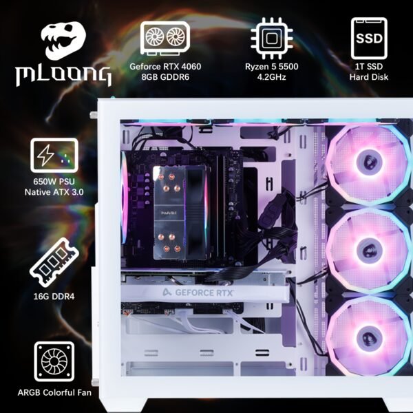 Mloong Gaming PC AMD Ryzen 5 5500 NVIDIA GeForce RTX 4060 16GB DDR4 RAM 1TB SSD 7 ARGB Fans Gaming Desktop - Image 3