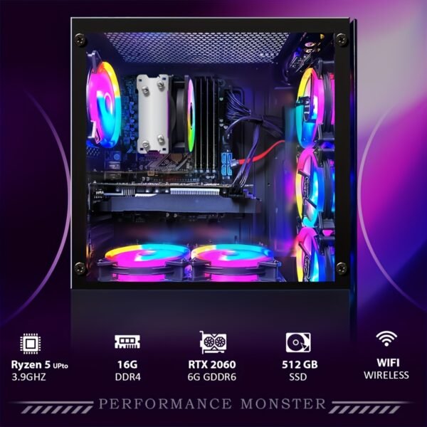 STGAubron Gaming PC Desktop - AMD Ryzen 5 PRO 2600 up to 3.9G, NVIDIA GeForce RTX 2060 6GB, 16GB DDR4, 512GB SSD, 600Mbps WiFi, 6x RGB Fans, Windows 11 Home - High-Performance Gaming & Streaming, RGB Lighting, Professional Workstation