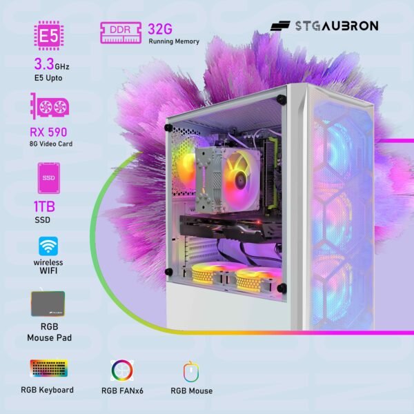 STGAubron Gaming Desktop PC, Intel Xeon E5 2.5G up to 3.3G, 32G Memory, 1T SSD, Radeon RX 590 8G GDDR5, 600M WiFi, RGB Fan x 6, RGB Keyboard & Mouse & Mouse Pad, W10H64 - Image 3