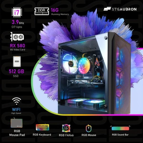 STGAubron Gaming Desktop PC Computer, Intel Core I7 3.4 GHz up to 3.9 GHz, Radeon RX 580 8G GDDR5, 16G RAM, 512G SSD, WiFi, Wireless 5.0, RGB Fanx6, RGB Keyboard&Mouse&Mouse Pad, RGB BT Sound Bar, W10H64 - Image 3
