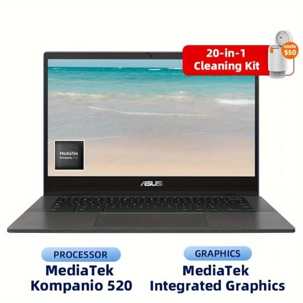 ASUS Chromebook CM14 CM1402C 14" Full HD Laptop, MediaTek Kompanio 520 2.0GHz Processor, 4GB RAM 64GB eMMC, Chrome OS, 15-Hour Battery, MIL-STD 810H Certified, Gravity Gray with Cleaning Brush, Educational Device, Sleek Design, Highresolution Display