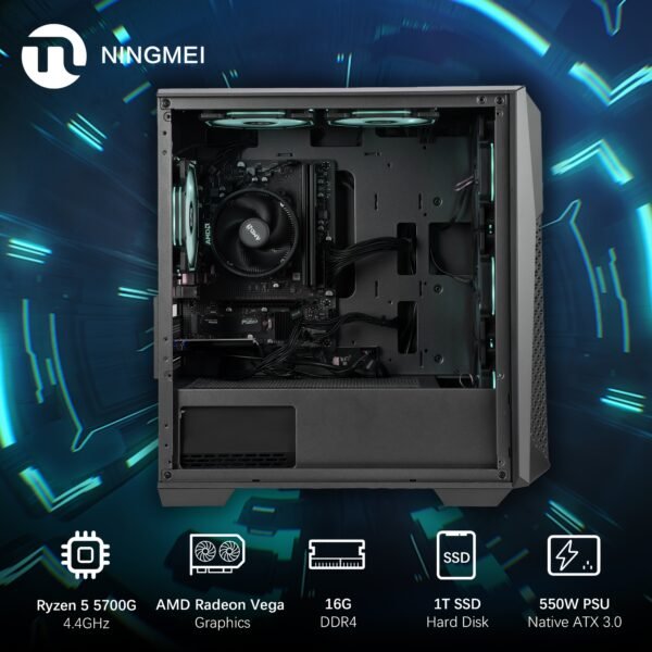 Ningmei Gaming Desktop PC AMD Ryzen 7 5700G, Radeon Vega8, 16GB DDR4 RAM, 1TB SSD, 6 RGB Fans, Gaming Desktop - Image 4