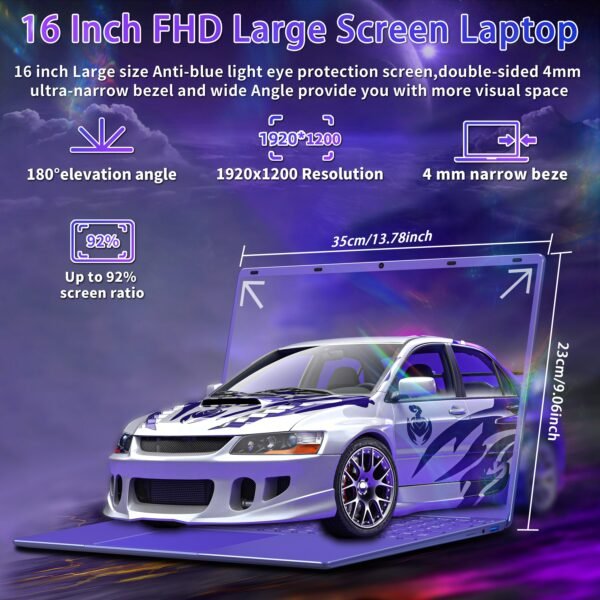 16" Purple Laptop, Intel N95 (Up To 3.4Ghz), 12GB DDR5 RAM, Colorful Backlit Keyboard, Fingerprint Unlock/Enhanced Performance - Image 2