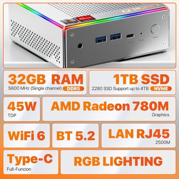 PELADN Gaming Minicom, AMD Ryzen 7 7840HS(8C/16T, Up To 5.1GHz)Radeon 780M 32GB DDR5 5600Mhz RAM, 1TB SSD, 4K HD, BT5.2, WiFi6 2.4G/5G, Business SM. All Desktop PC RGB Lights - Image 3