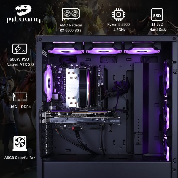 Mloong Gaming PC AMD Ryzen 5 5500 AMD Radeon RX 6600 1TB SSD 16GB RAM Gaming Desktop - Image 4