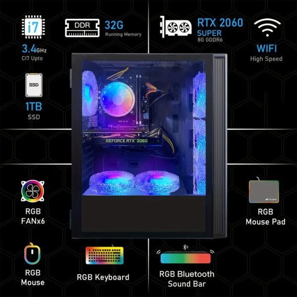 STG Aubron Gaming Desktop PC, GeForce RTX 2060 Super 8G, Core i7 up to 3.9G, 32G Ram, 1TB SSD, WiFi, RGB BT Sound Bar & Headset Mic, Windows 10 Home - Image 3