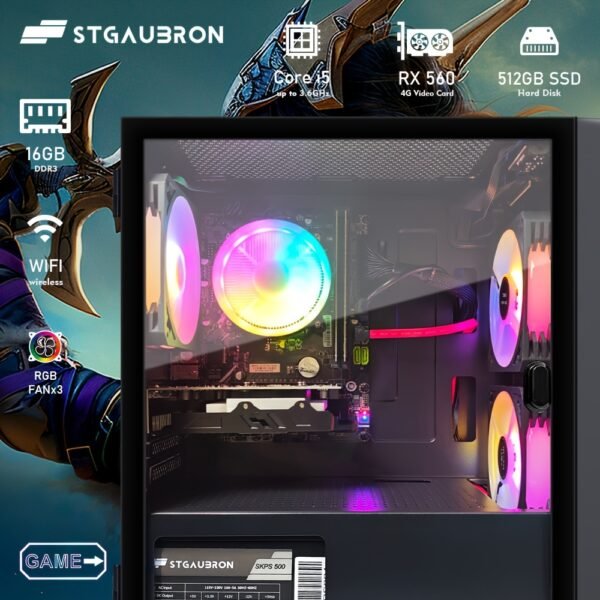 STGAubron Gaming Desktop PC, Intel Core i5 3.2G up to 3.6G, Radeon RX 560 4G GDDR5, 16G RAM, 512G SSD, 600M WiFi, Wireless 5.0, RGB Fan x 3, RGB Keyboard & Mouse & Mouse Pad, W10H64