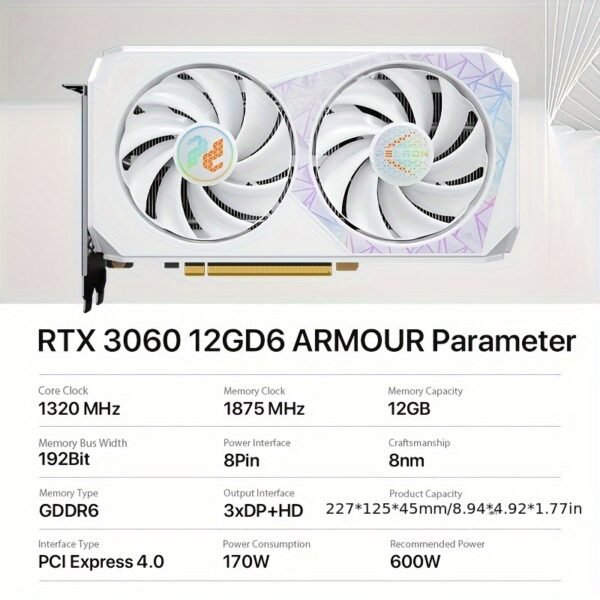 Peladn NVIDIA RTX 3060 12GB Gaming Graphics Card - GDDR6X, PCIe 4.0, Dual-Fan Cooling, White & Purple Geometric Design, DisplayPort, No Power Connector, Highperformance Graphics, Modern Aesthetic, Efficient Heat Dissipation, Durable Build, Computer Graphics, Stylish Cooling, Highquality Components, Tech Enthusiasts - Image 2