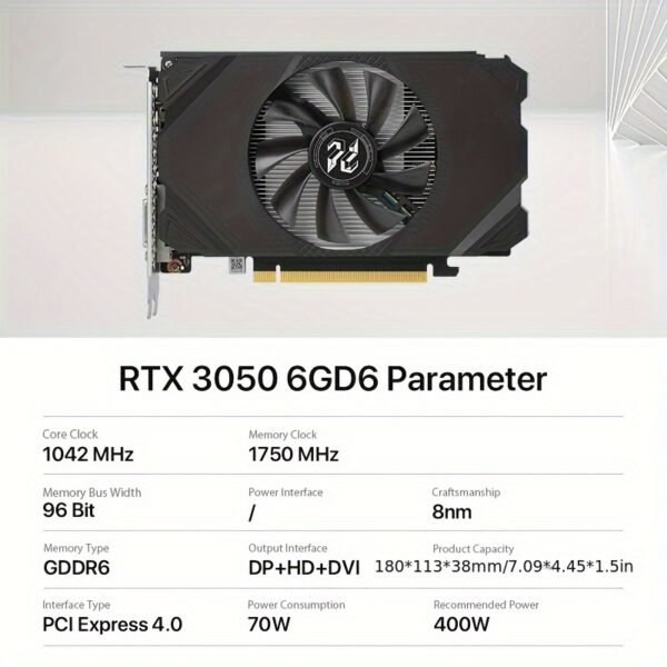 Peladn Gaming RTX 3050 6G Graphics Card with 6GB GDDR6 Memory, 1404 MHz Clock, 8GB DDR6, 40W Power, Single-Fan Design, PCIe 4.0, DisplayPort, Ideal for Gaming and Graphics Intensive Tasks, Professional Graphics Processing | Efficient Cooling Design | Singlefan Cooler