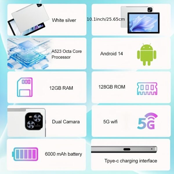 Tablet 10.1 Inch Android 14 OS Tablet, 2in 1 Tablets with Keyboard, Mouse, Case, Stylus Without Electricity, 128GB ROM 12GB (4GB+8GB) RAM, Dual Camera, Eight Core Processor, 1280 * 800 IPS High-definition Display Screen, GMS Tab, 5G Wi Fi 6, Google, Pad, Tablet, - Image 4