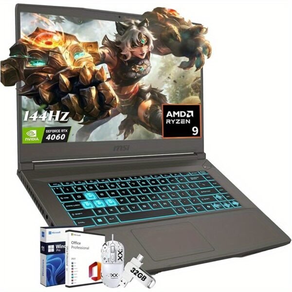 MSI Thin 15 Gaming Laptop, AMD Ryzen 9 8945HS(i9-13900H, Up to 5.2GHz), NVIDIA RTX 4060 8 GB GDDR6, 15.6" 144Hz IPS, 16 GB DDR5, 1 TB SSD, Win 11 Pro, Office Pro Lifetime License, 32G UFD, Mouse - Image 3