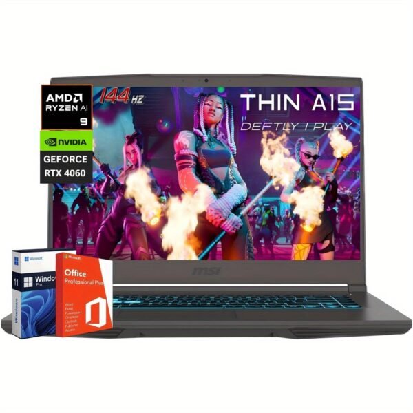MSI Thin 15 Gaming Laptop, AMD Ryzen 9 8945HS Processor (Beat i9-13900H), 64 GB DDR5, 2 TB SSD, NVIDIA Geforce RTX 4060, 15.6" 144Hz IPS Display, Windows 11 Pro& Office Pro Lifetime License