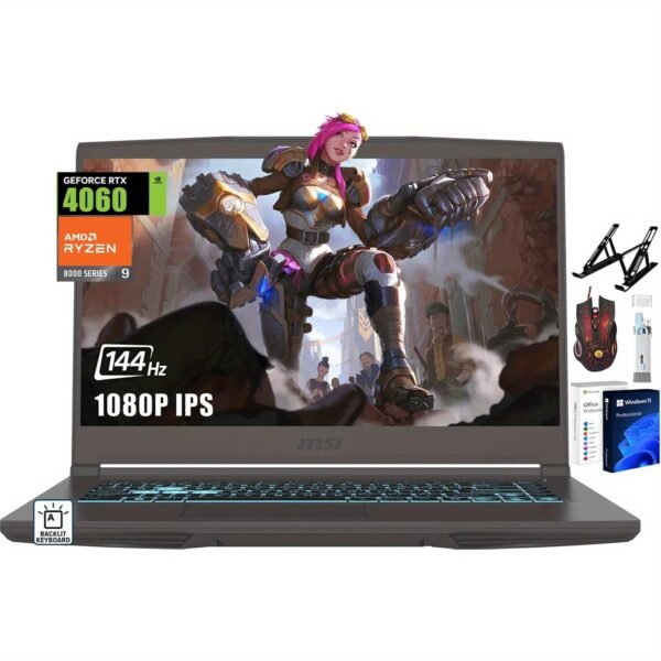 MSI Thin 15 Gaming Laptop, AMD Ryzen 9 8945HS(Beat i9-13900H, Up to 5.2GHz), NVIDIA RTX 4060, 15.6" 144 Hz IPS, 64 GB DDR5, 1 TB SSD, Windows 11 Pro& Microsoft Office Pro, w/Bonus Accessories
