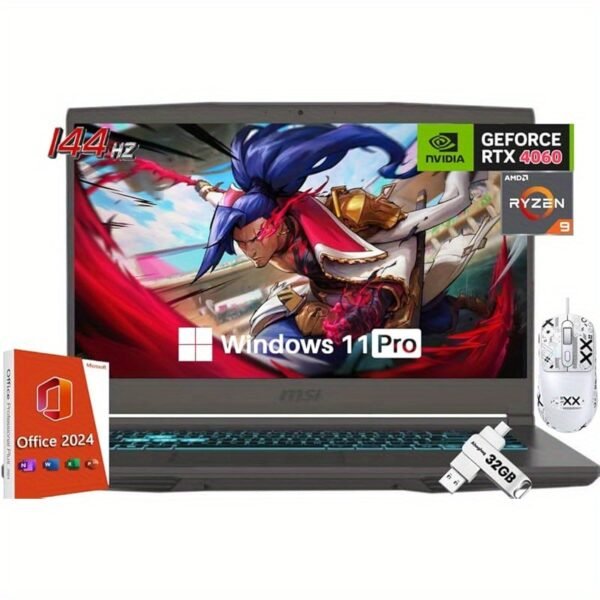 MSI Thin 15 Gaming Laptop, 15.6" 144Hz IPS, AMD Ryzen 9 8945HS (i9-13900H, Up to 5.2GHz), NVIDIA RTX 4060 8 GB GDDR6, 32 GB DDR5, 1 TB SSD, Win 11 Pro, Office Pro Lifetime License, 32G UFD, Mouse - Image 3